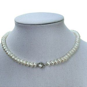 925 Sterling Silver White Freshwater Pearl‎ Necklace With Flower Shaped Clasp
